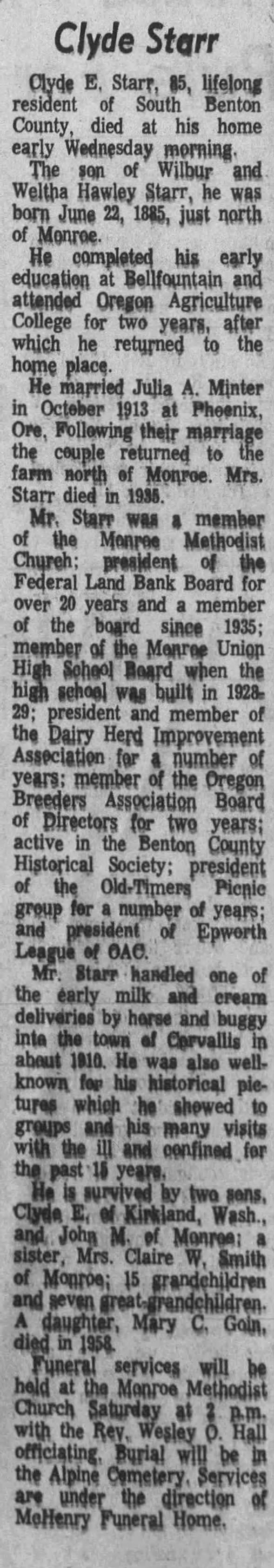 Clyde E Starr Obituary Corvallis OR Gazette-Times 1971-4-1 Thu Pg 2